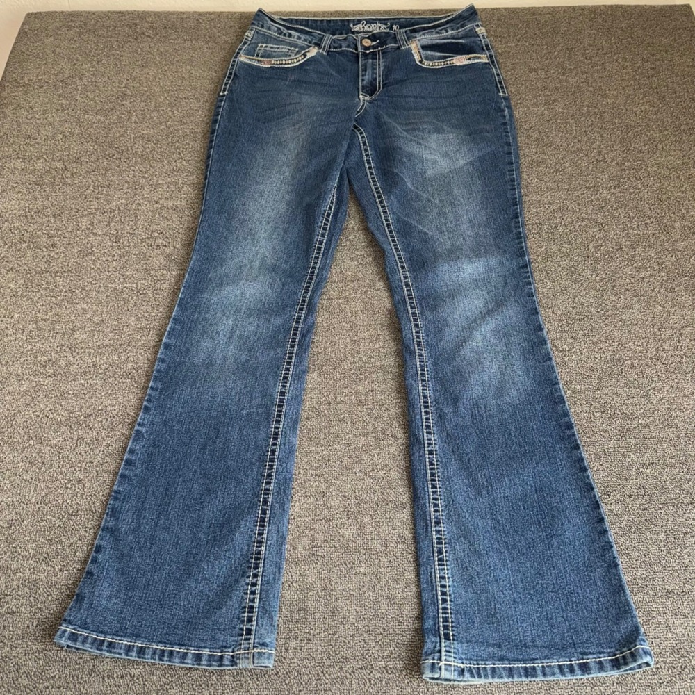 Y2K Revolt Bootcut Jean Blue Rhinestone Embroidered Pockets Sz 10 Casual Western